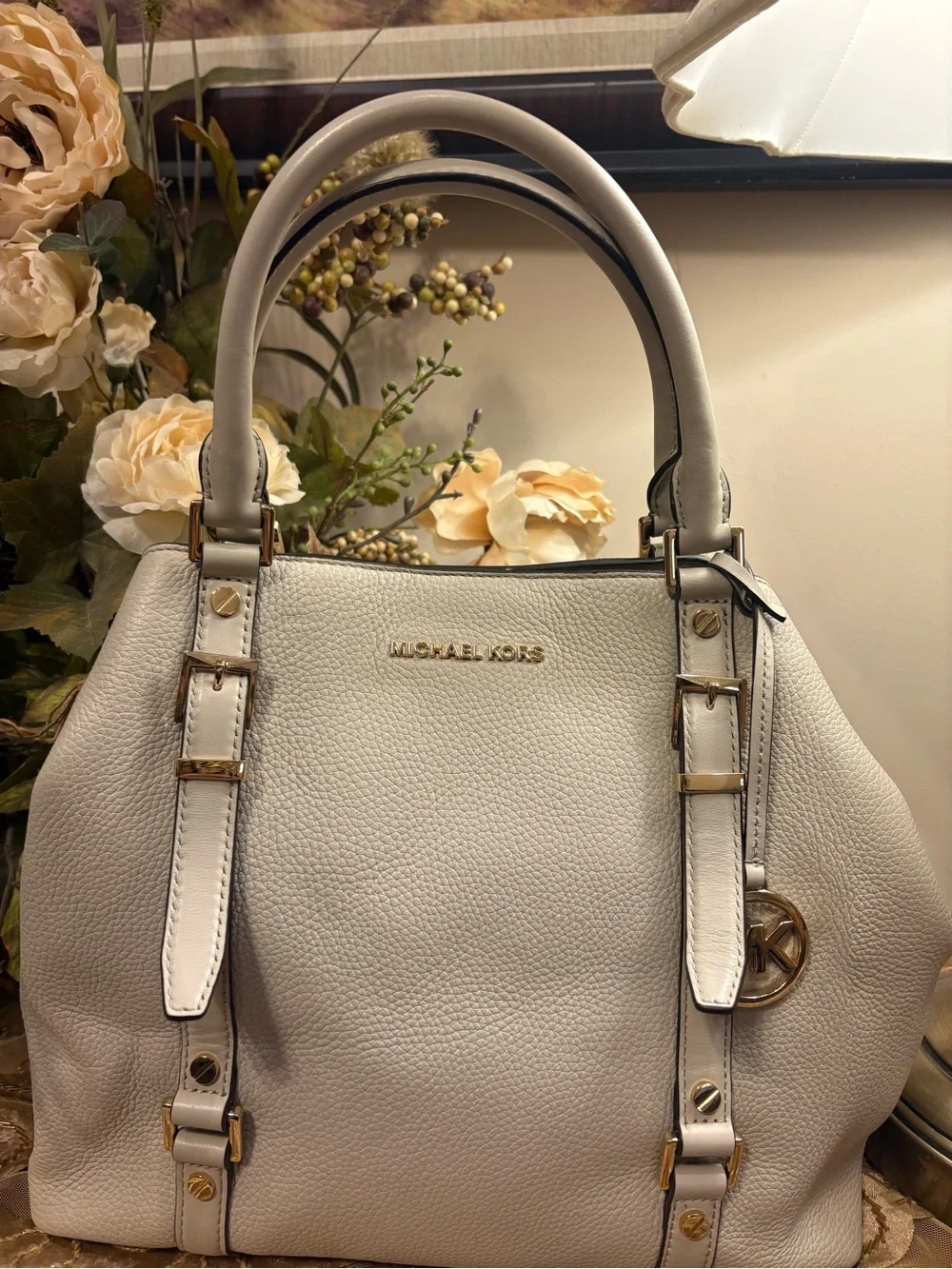 Michael Kors Pebbled Leather Satchel in Light Gray Cream